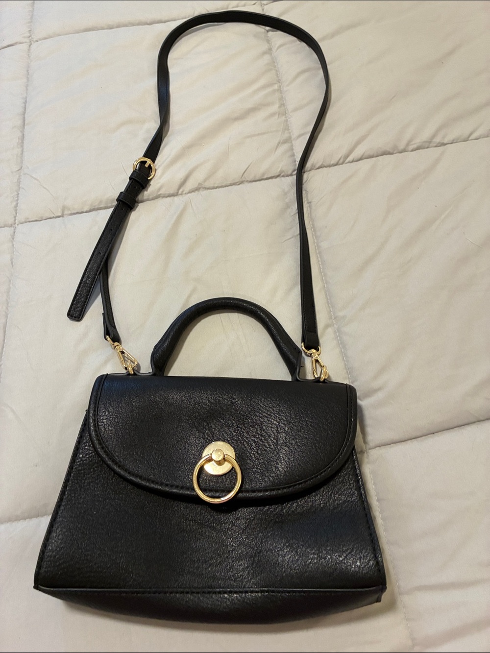 LC Lauren Conrad Black Leather Top-Handle Crossbody Bag with Gold Ring Accent